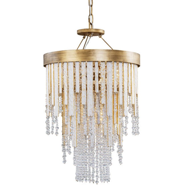 Gold Steel and Carved Wood Crystal Chandelier