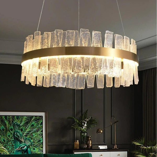 Gold Steel Ring Chandelier with Crystal Drops