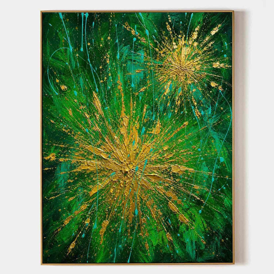 Golden Bursts on Emerald Green