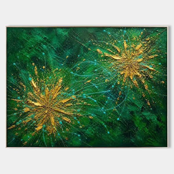 Golden Bursts on Emerald Green