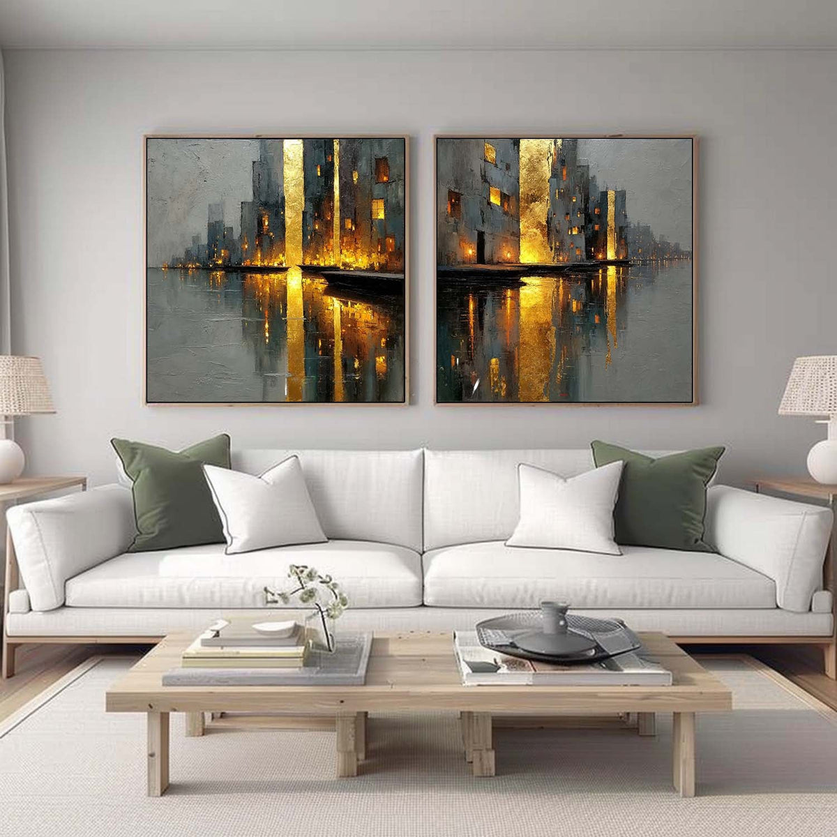 Golden Lit City Reflections Diptych