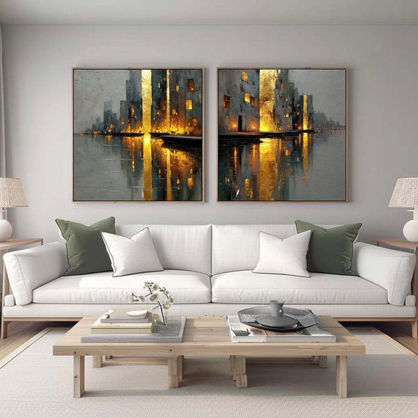 Golden Lit City Reflections Diptych