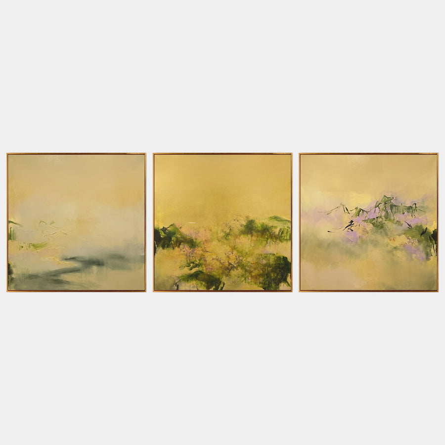 Golden Mist Triptych with Lilac Blooms