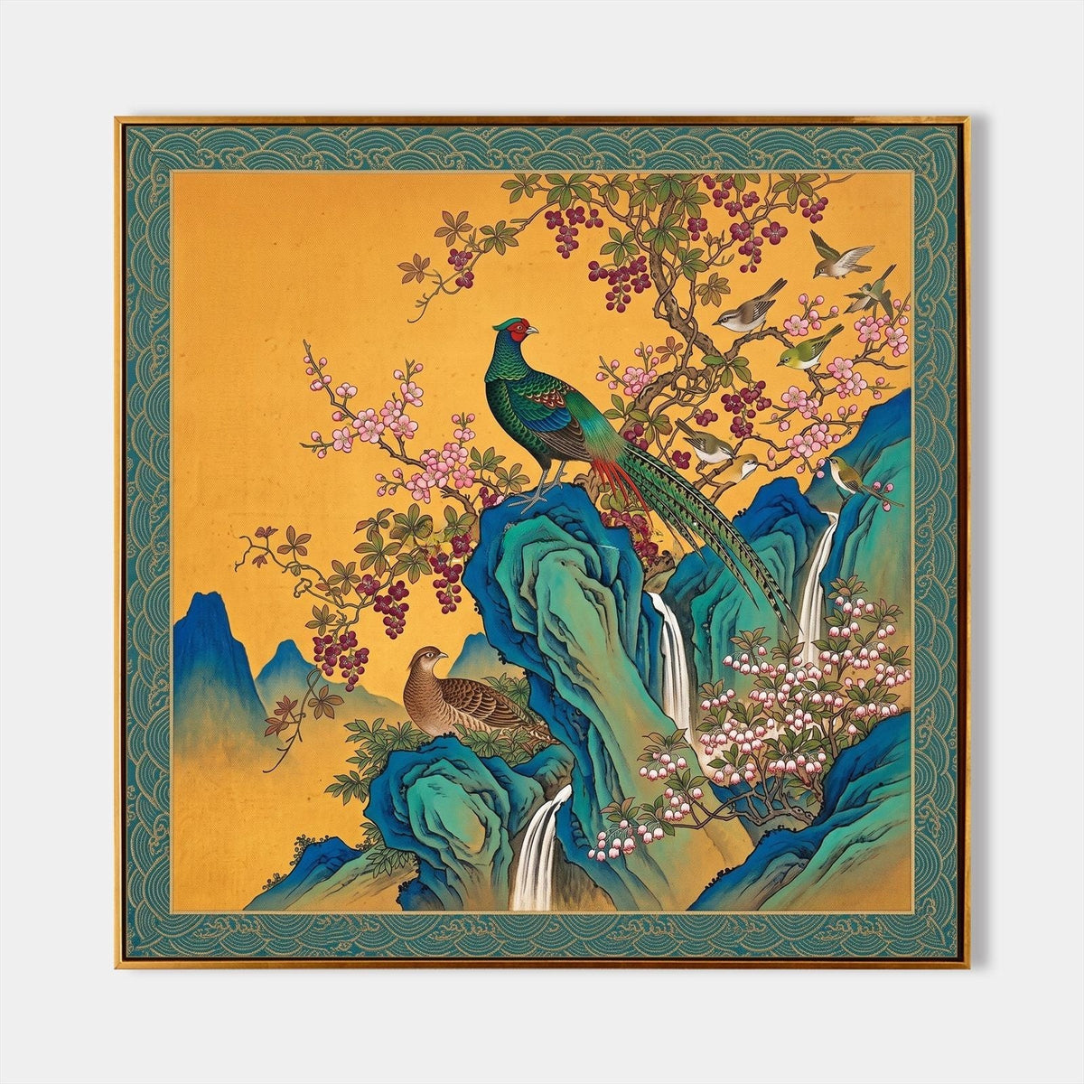 Golden Pheasant Among Blossoming Cliffs