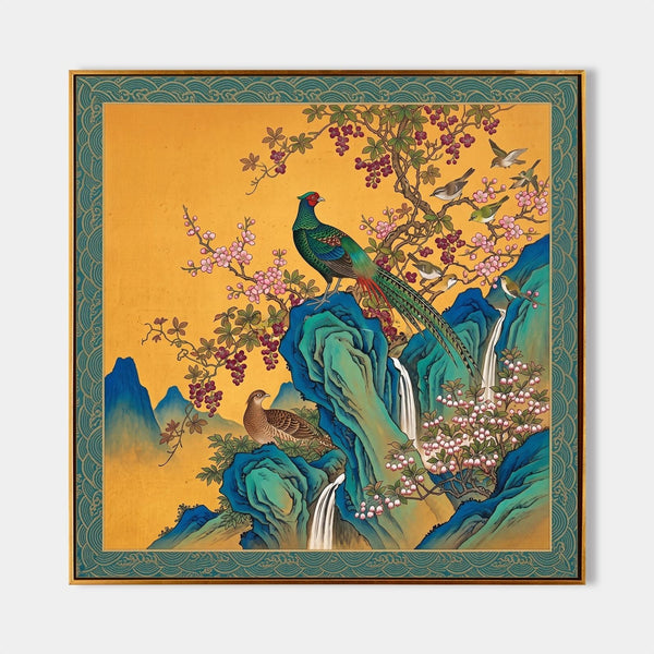 Golden Pheasant Among Blossoming Cliffs