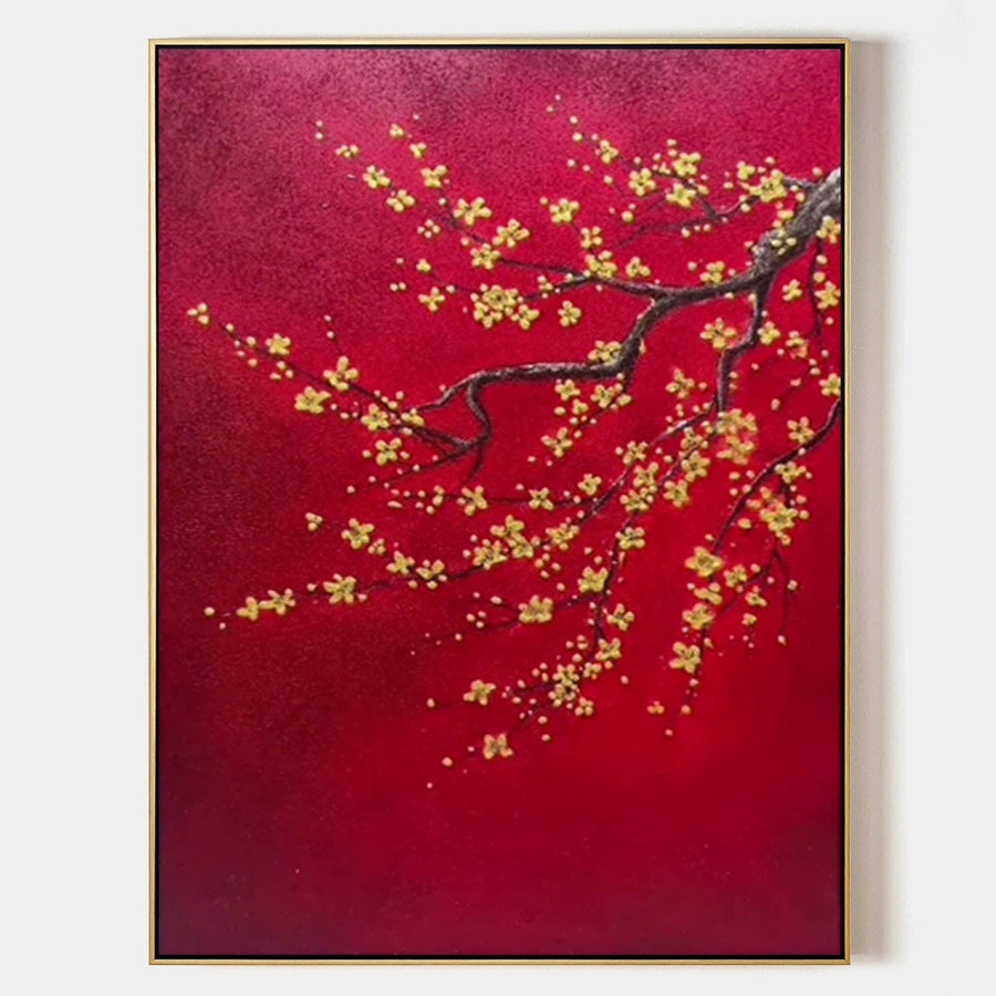Golden Plum Blossoms on Crimson