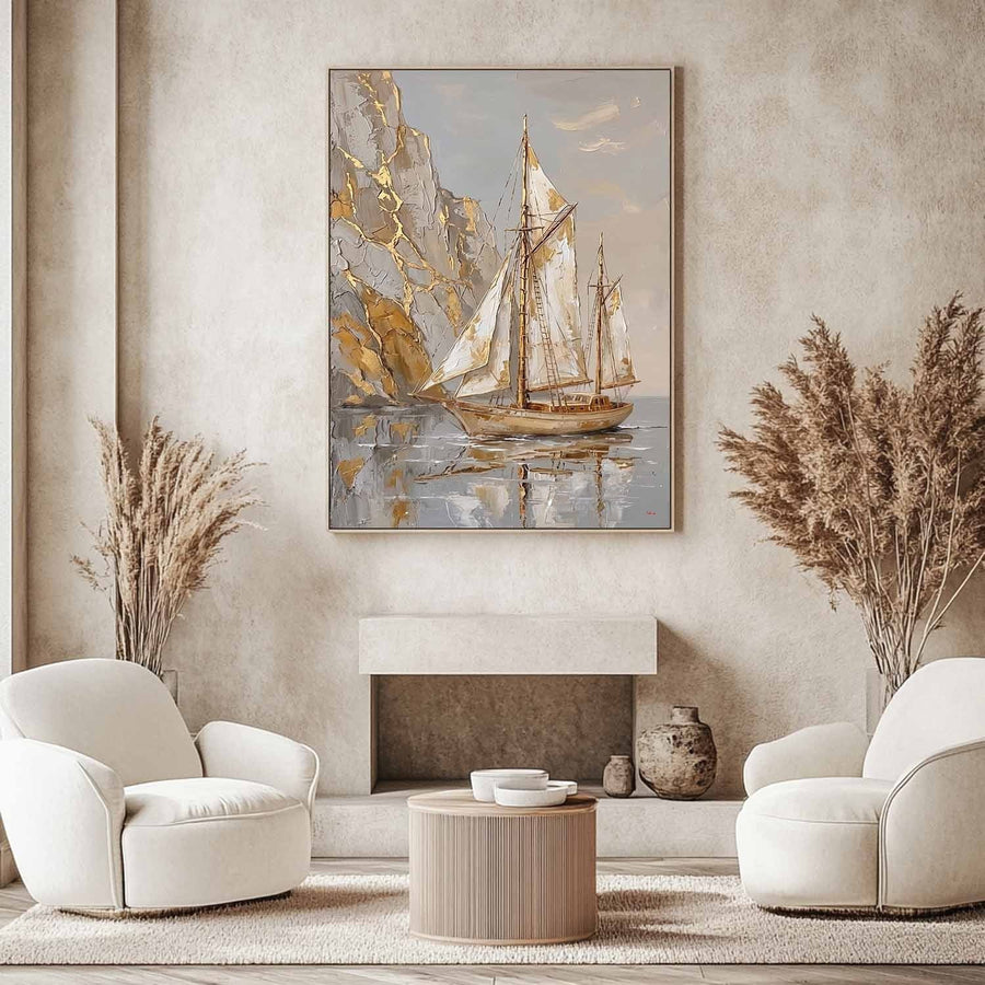 Golden Schooner Beneath the Cliffs