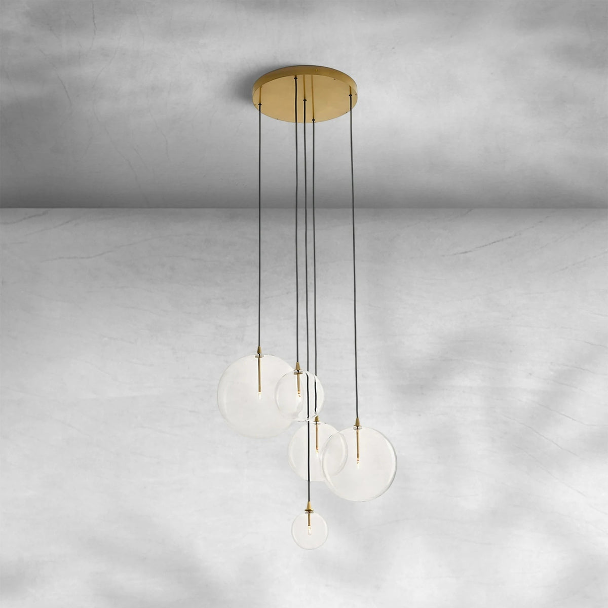 Graduated Clear Glass Globe Cluster Brass Chandelier