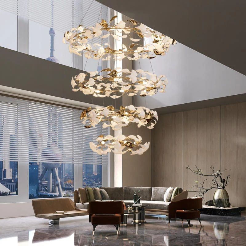 Graduated Ring Ceramic Ginkgo Leaf Copper Chandelier