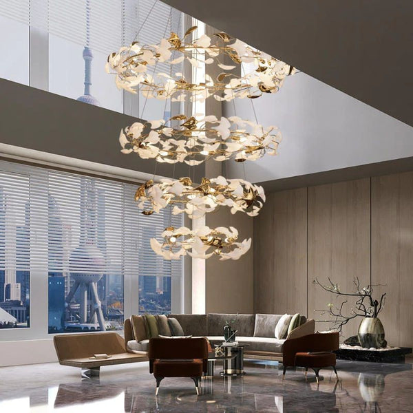 Graduated Ring Ceramic Ginkgo Leaf Copper Chandelier