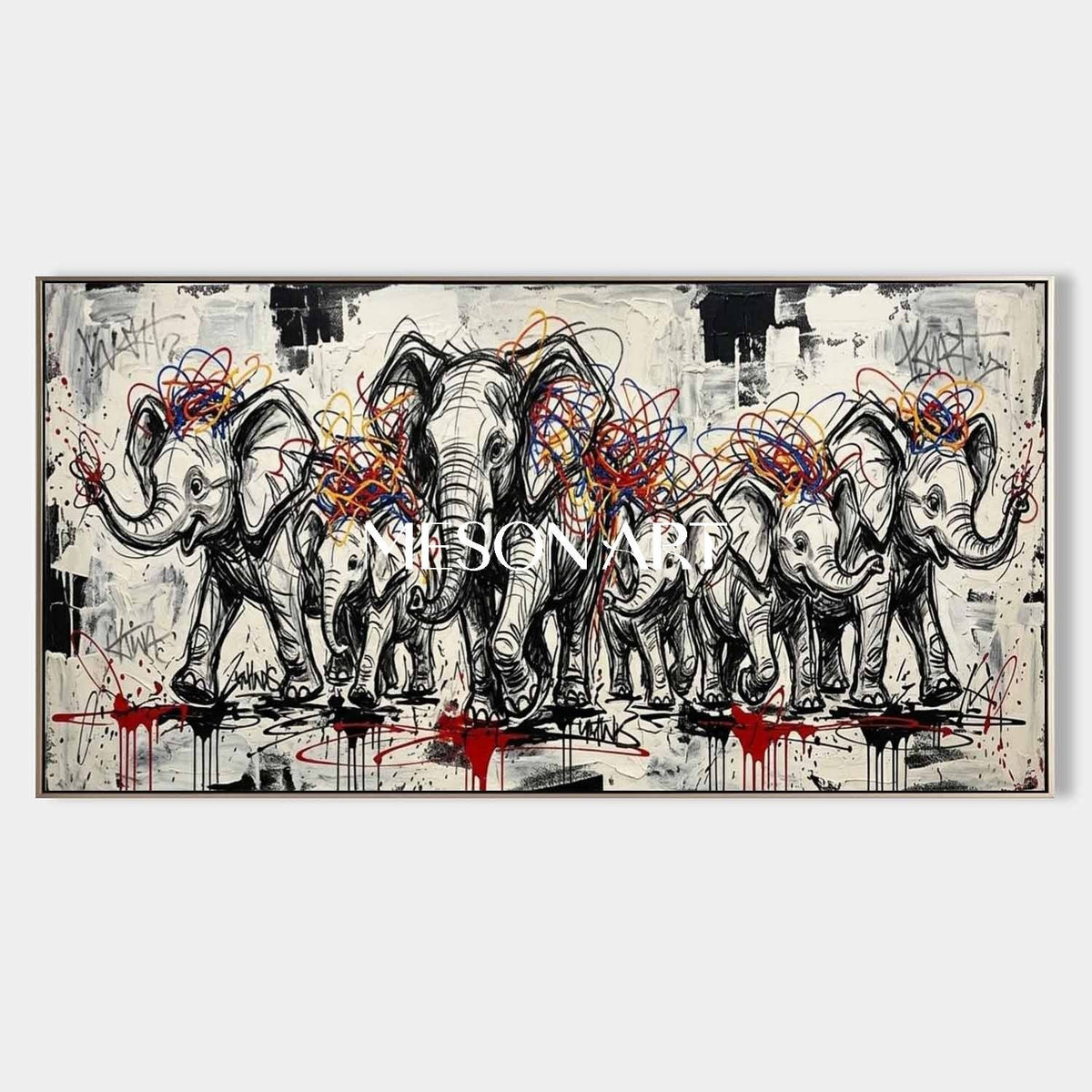 Graffiti Elephant Herd in Motion