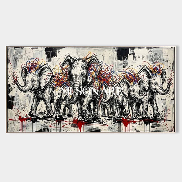 Graffiti Elephant Herd in Motion