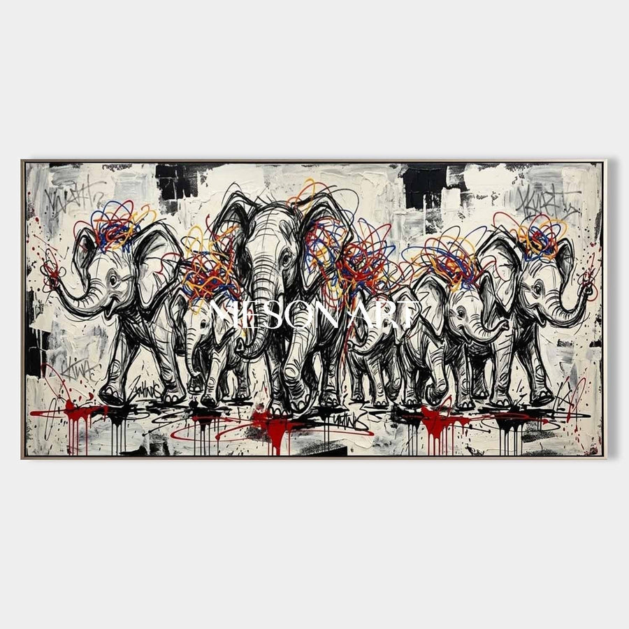 Graffiti Elephant Herd in Motion