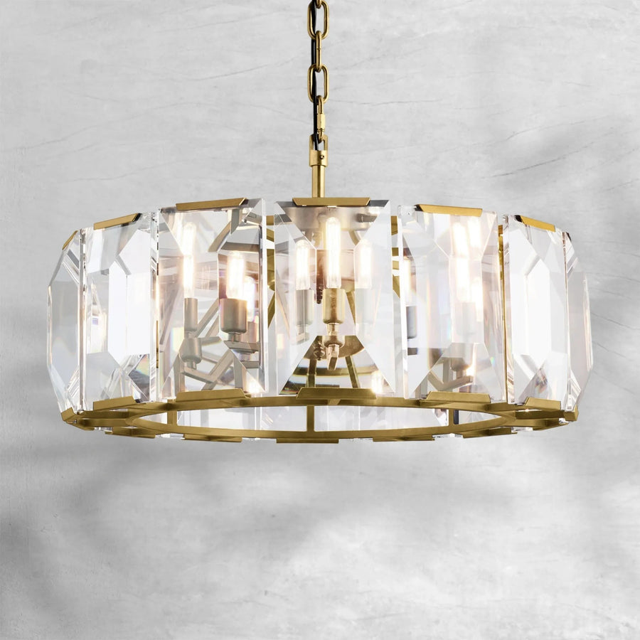 Grand Faceted Crystal Prism Round Brass Chandelier