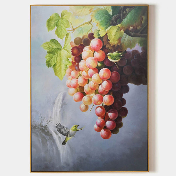 Grape Cluster with Songbirds and Waterfall
