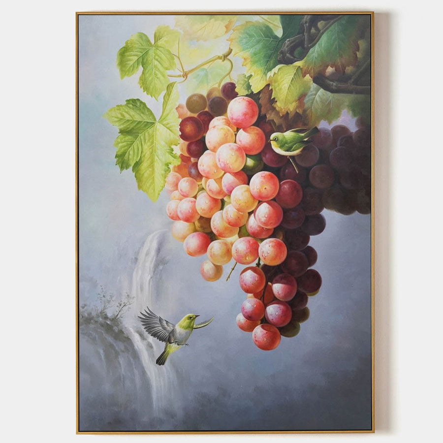 Grape Cluster with Songbirds and Waterfall