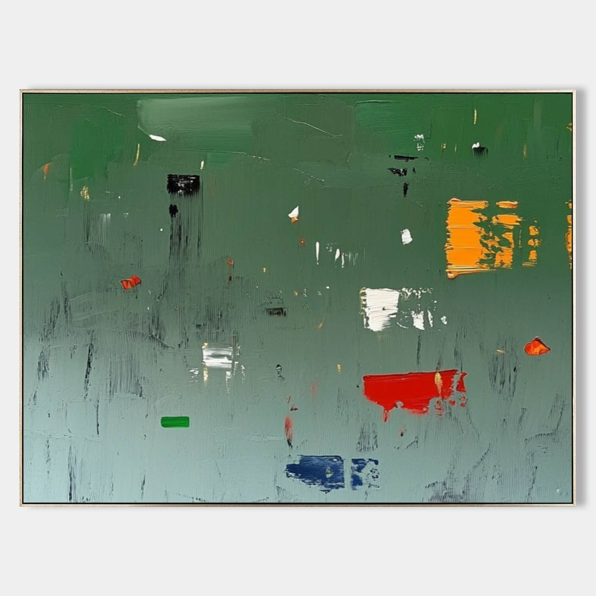 Green Abstract with Scattered Color Blocks