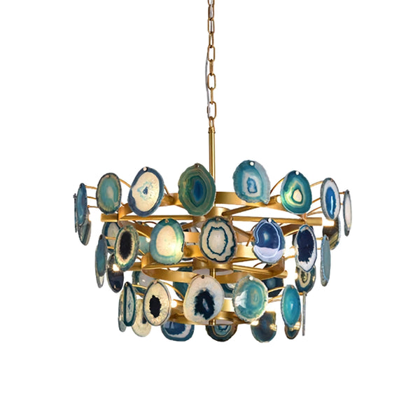 Green Agate Slice Semi-Flush Brass Chandelier