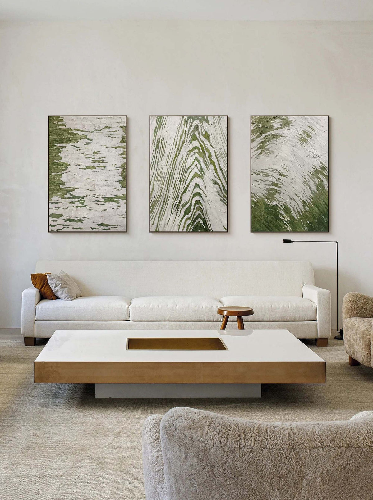 Green and White Flowing Relief Triptych