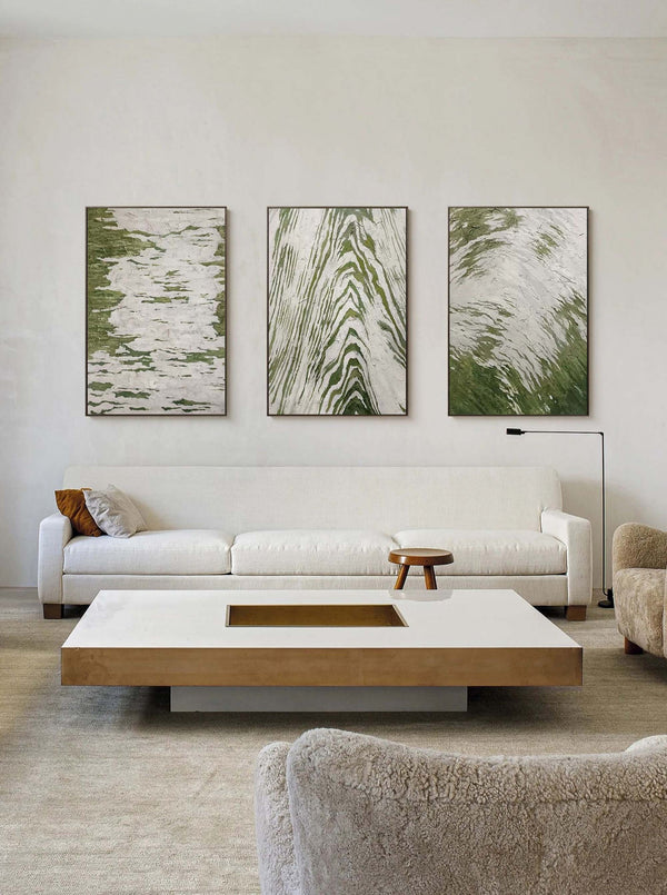 Green and White Flowing Relief Triptych