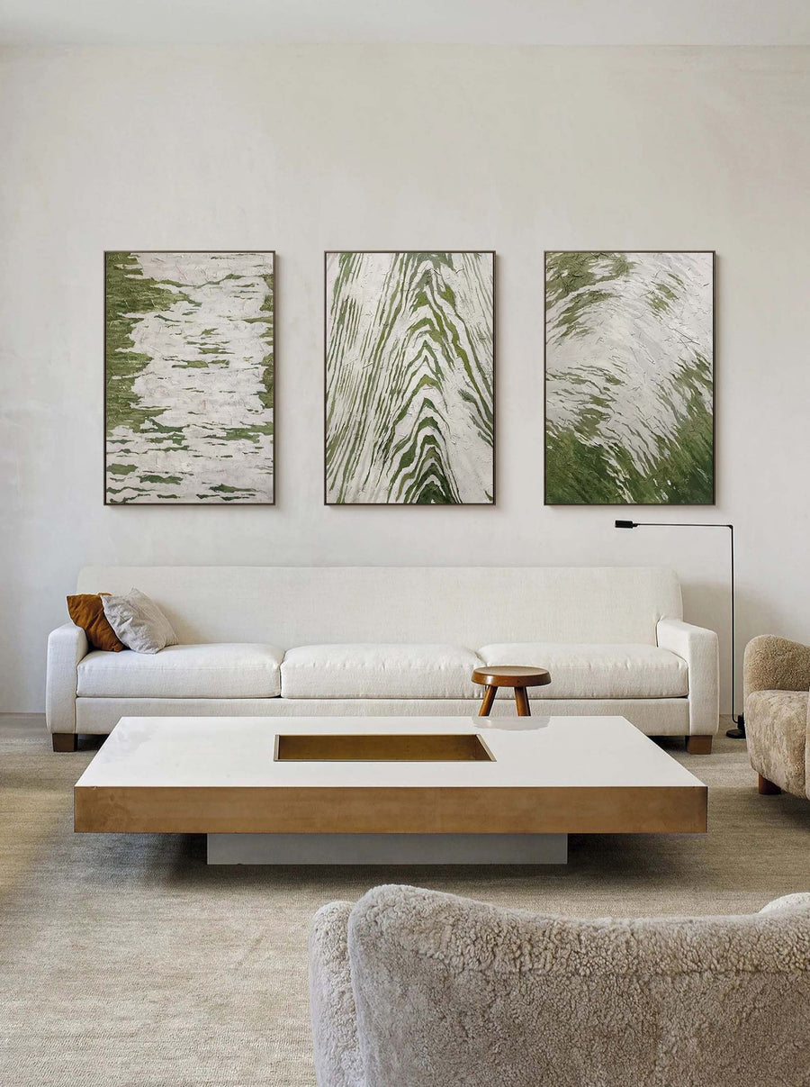 Green and White Flowing Relief Triptych