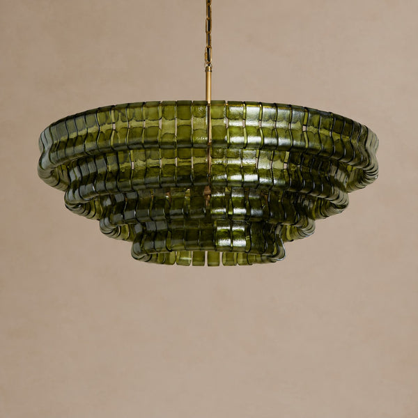 Green Glass and Brass Candelabra Cluster Chandelier