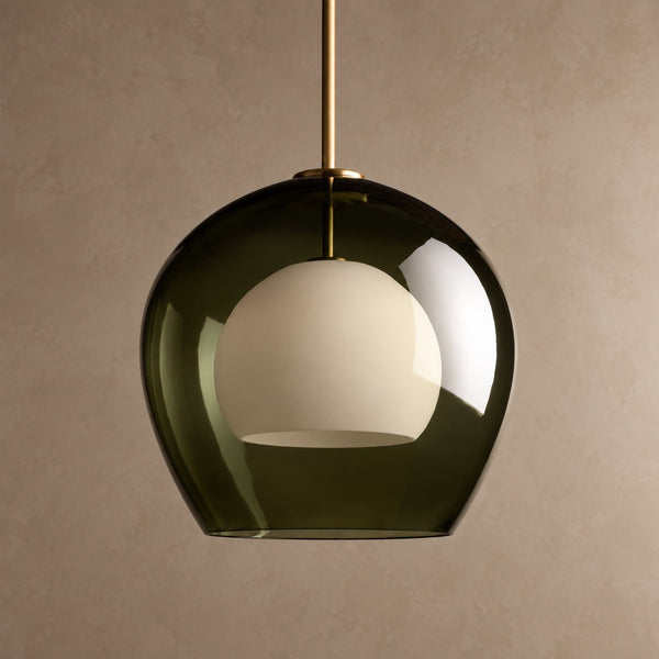 Green Glass Globe Pendant with Brass Chain
