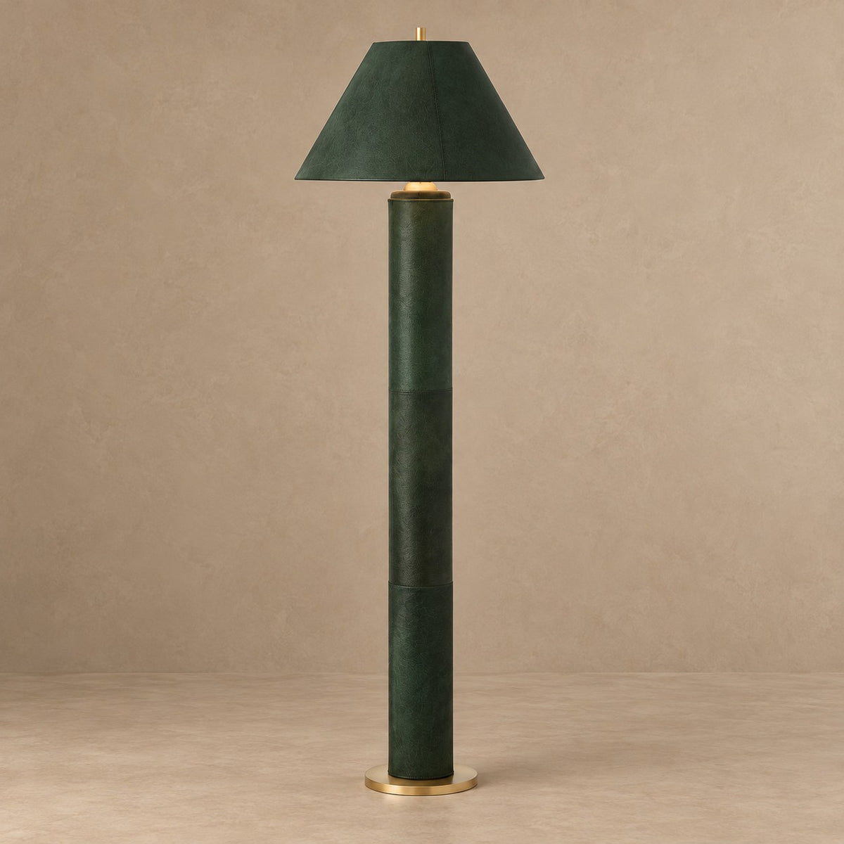 Green Leather Wrapped Column Floor Lamp with Brass
