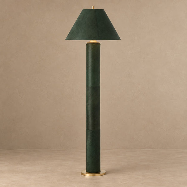 Green Leather Wrapped Column Floor Lamp with Brass