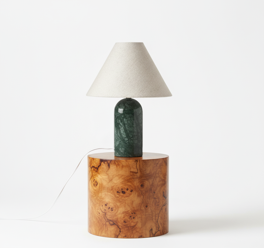 Green Marble Cylinder Table Lamp with Linen Shade