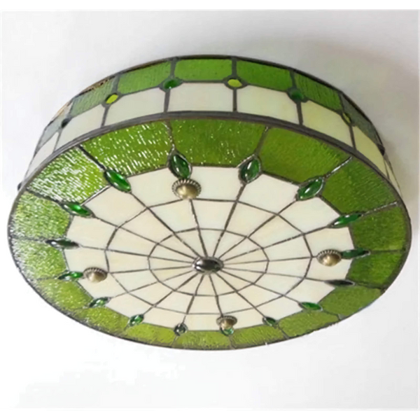 Green Stained Glass and Iron Flush Mount