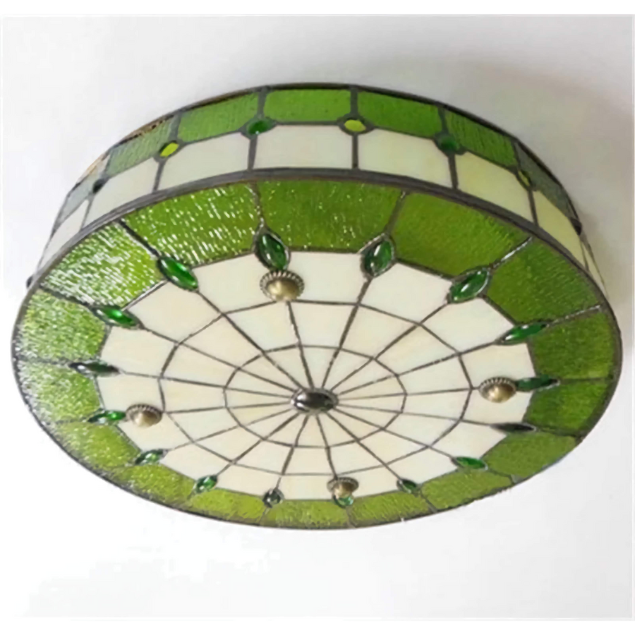 Green Stained Glass and Iron Flush Mount