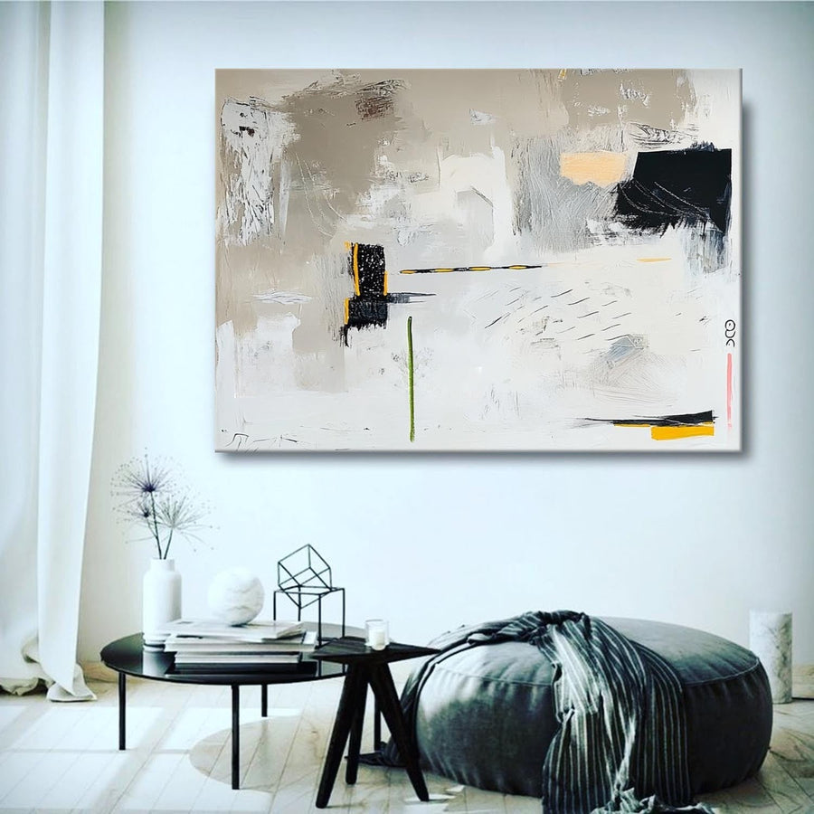 Greige Abstract with Black and Ochre Marks