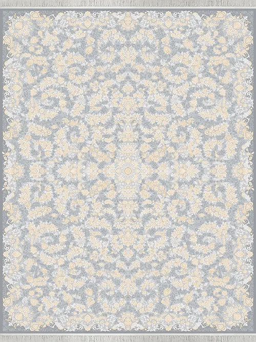 Grey Persian area rug with ornate cream and gold floral medallion motif 2x3m