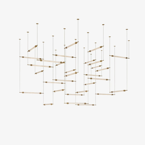 Gridded Crystal Glass and Gold Cubic Chandelier
