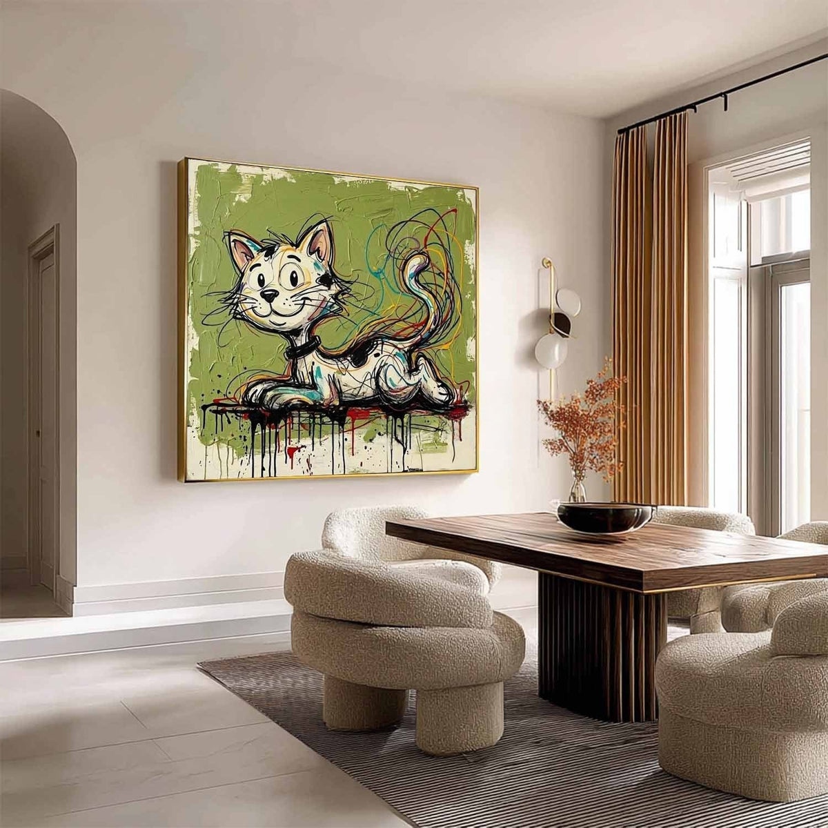 Grinning Cat on Olive Green