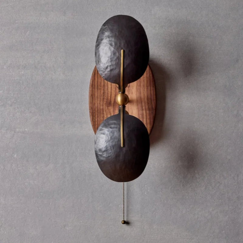 Hammered Iron Cup Wall Sconce with Walnut Backplate