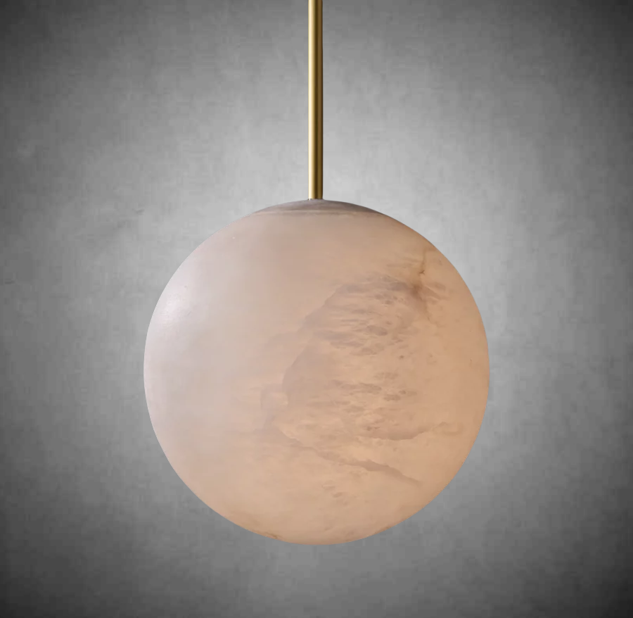 Hand-Carved Alabaster Globe Pendant with Brass Rod