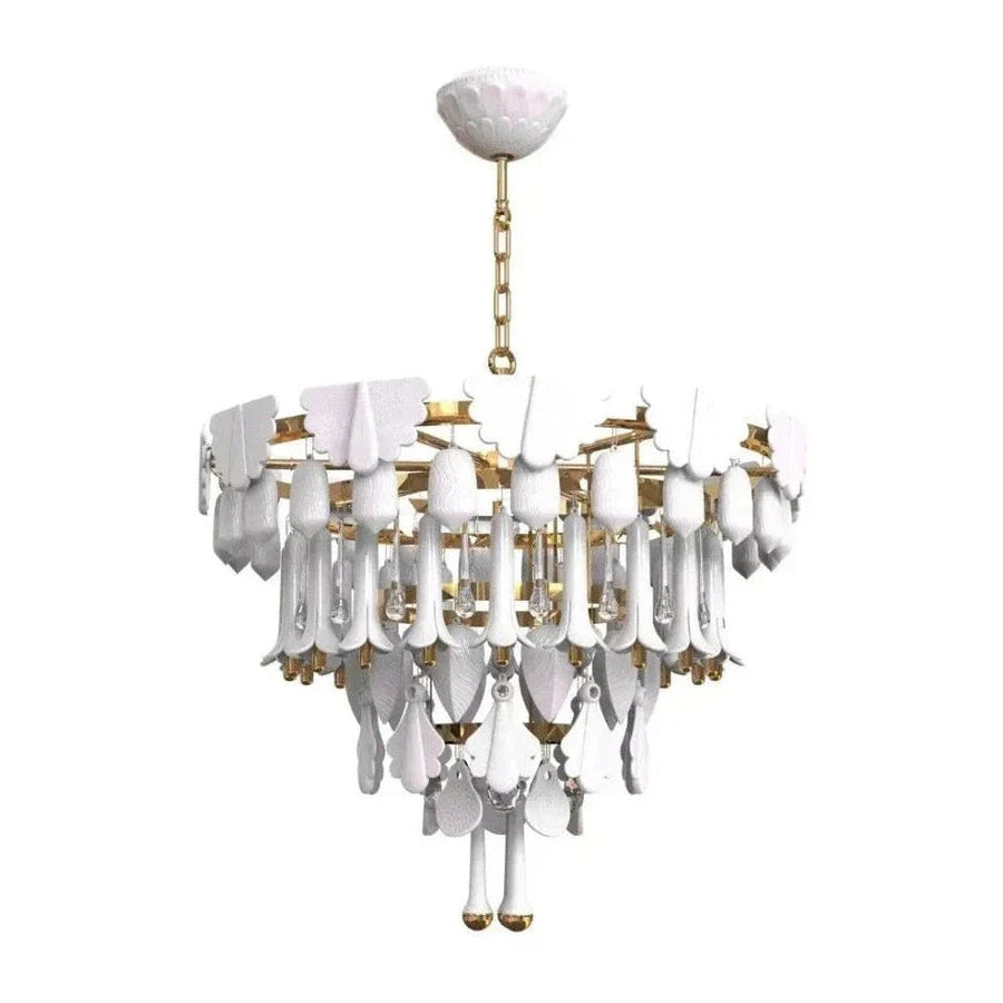 Hand Colored Porcelain Leaf and Glass Cluster Chandelier