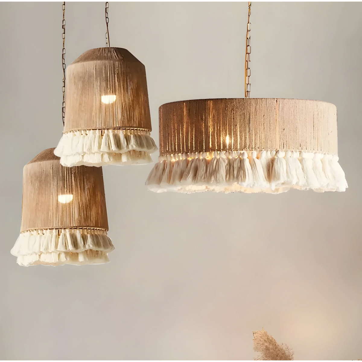 Hand-Knitted Rattan Drum Pendant with Cotton Frills