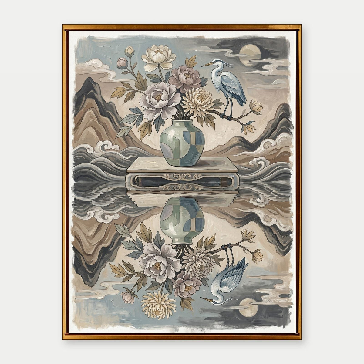 Heron and Peony Vase Reflection
