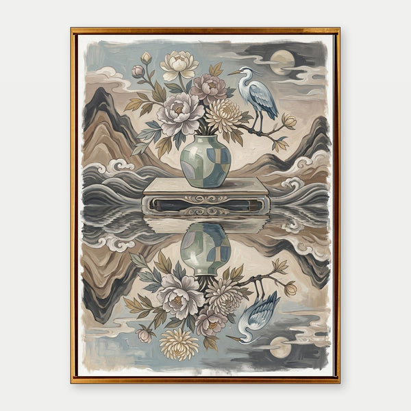 Heron and Peony Vase Reflection