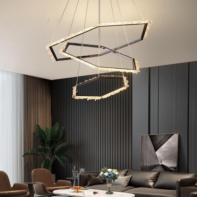 Hexagonal Black Ring Raw Crystal Cluster Chandelier
