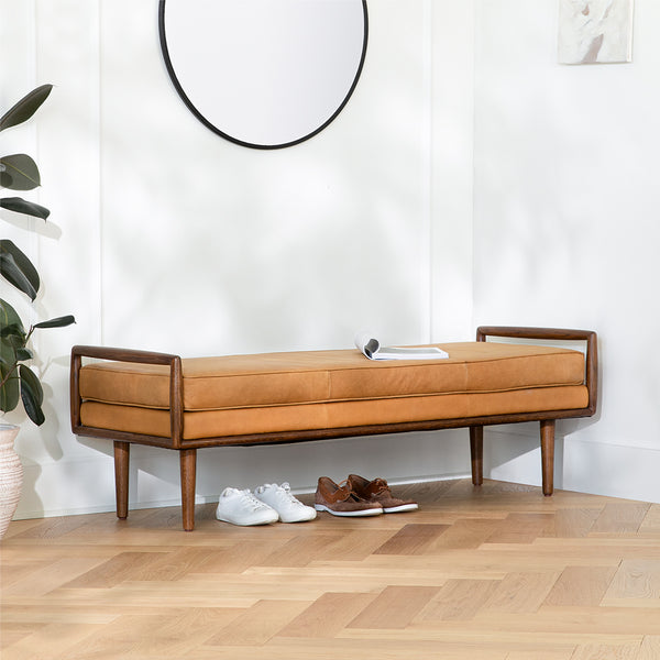 Banco de madera maciza de estilo moderno de mediados de siglo: asiento esculpido para entrada o dormitorio
