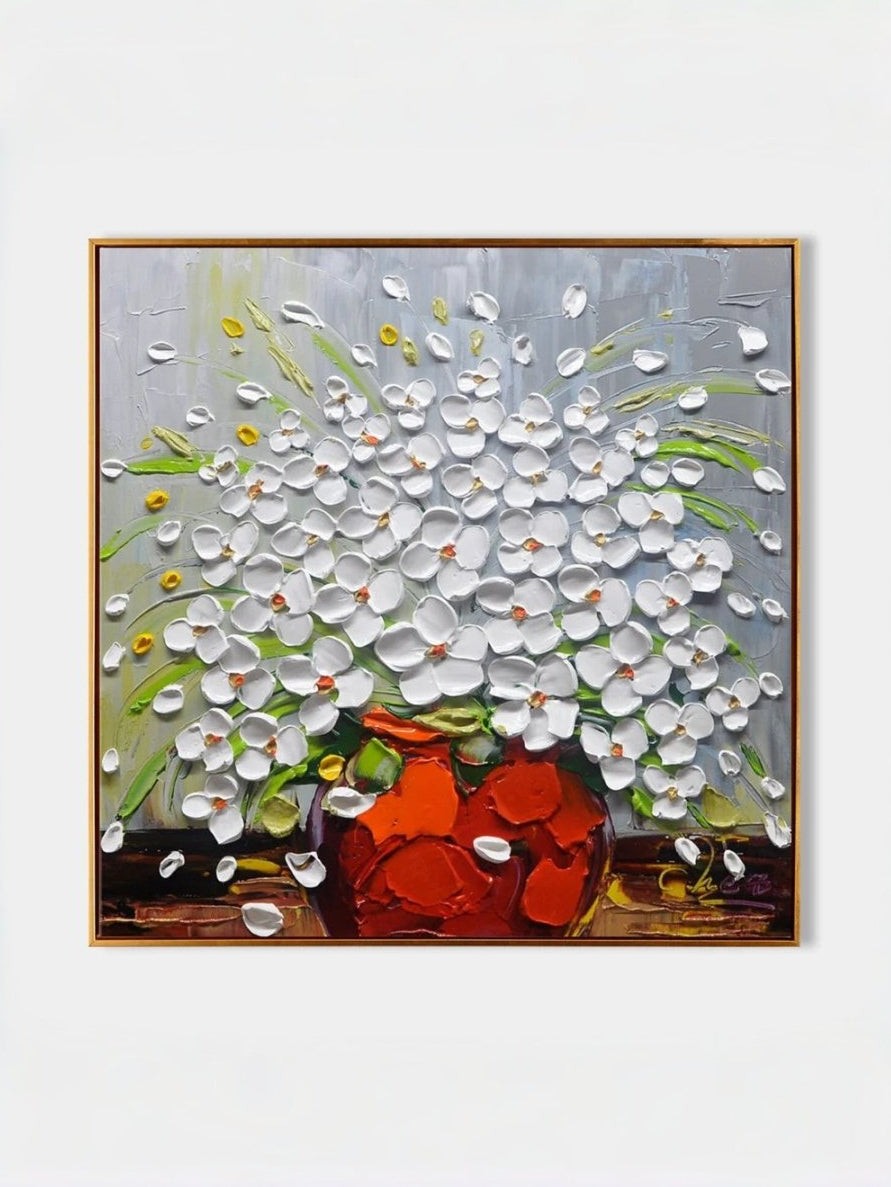Impasto White Floral Canvas Painting