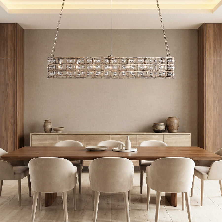Industrial Iron Cage and Glass Sphere Linear Chandelier