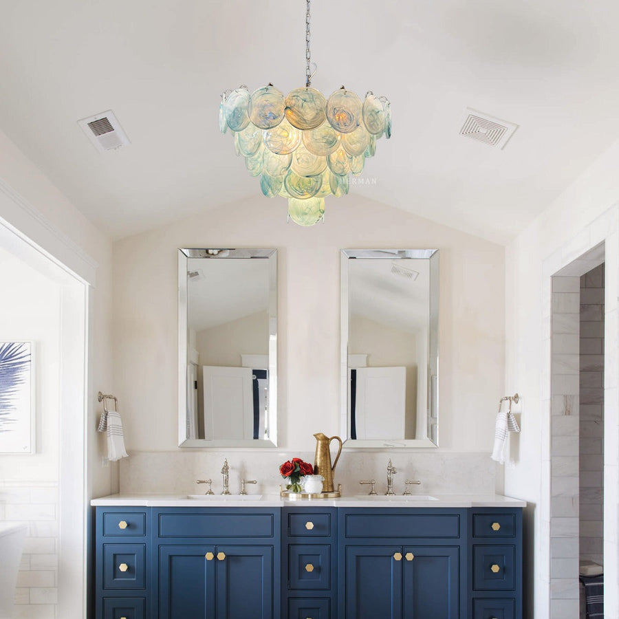 Iridescent Blue Glass Disk Cluster Chandelier