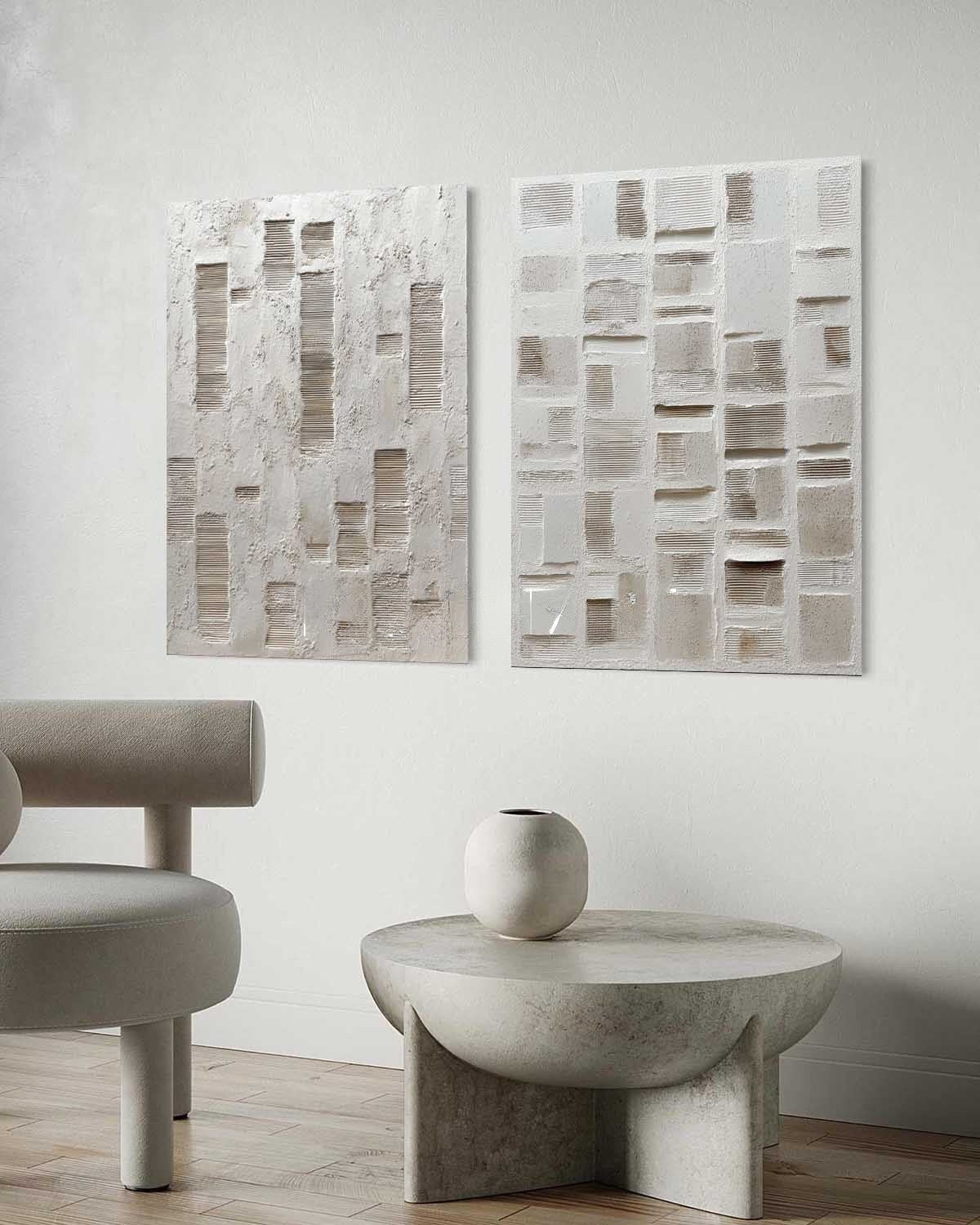 Ivory Plaster Relief Diptych