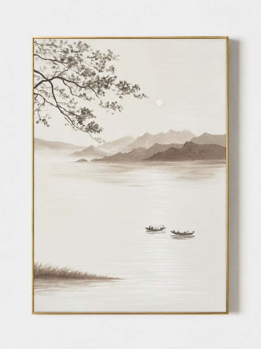 Japandi Minimalist Misty Lake Landscape Wall Art