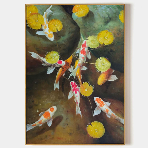 Koi Among Golden Lily Pads